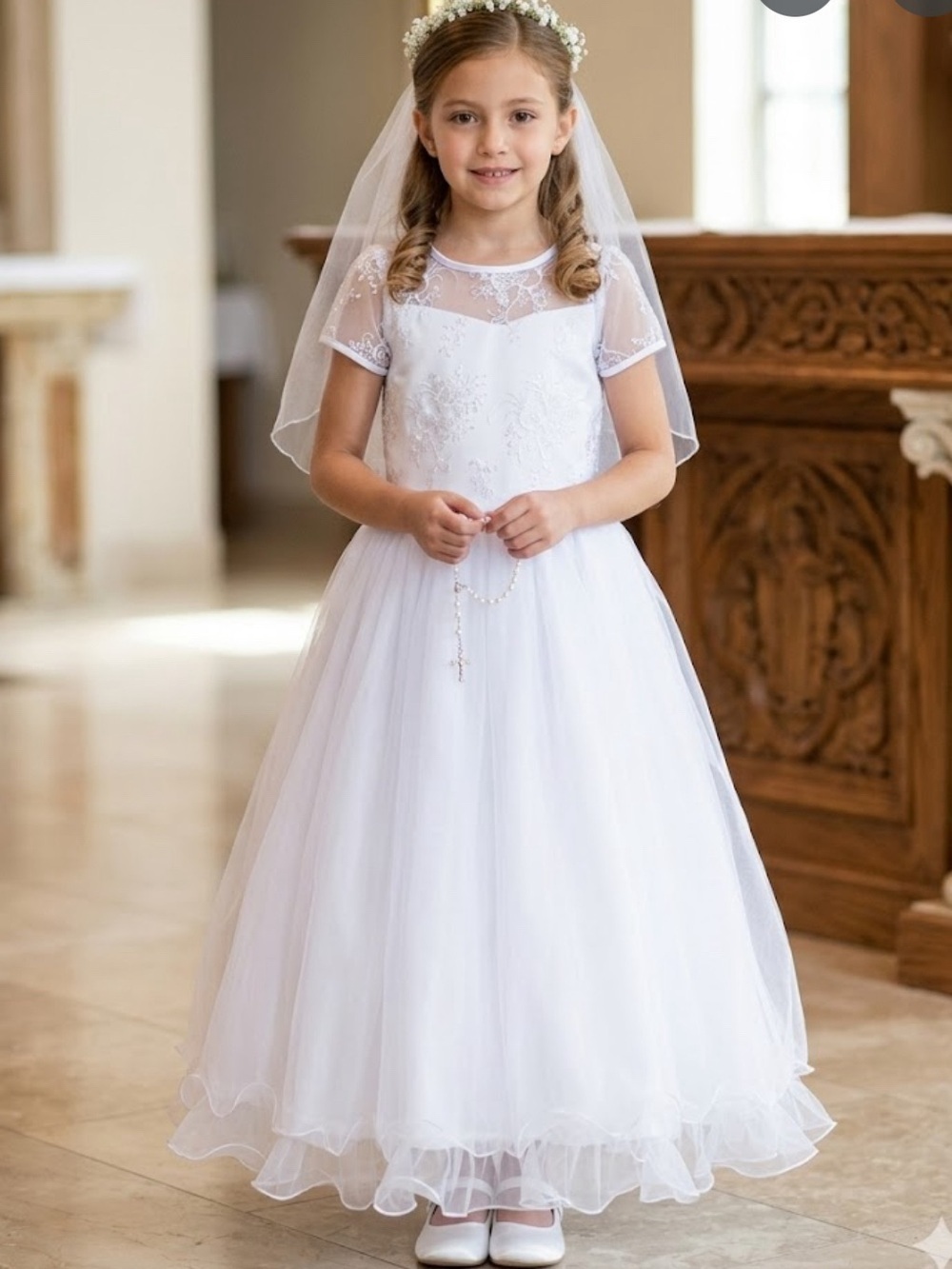 Girls White Communion Dress with Lace Bodice and Tulle Skirt